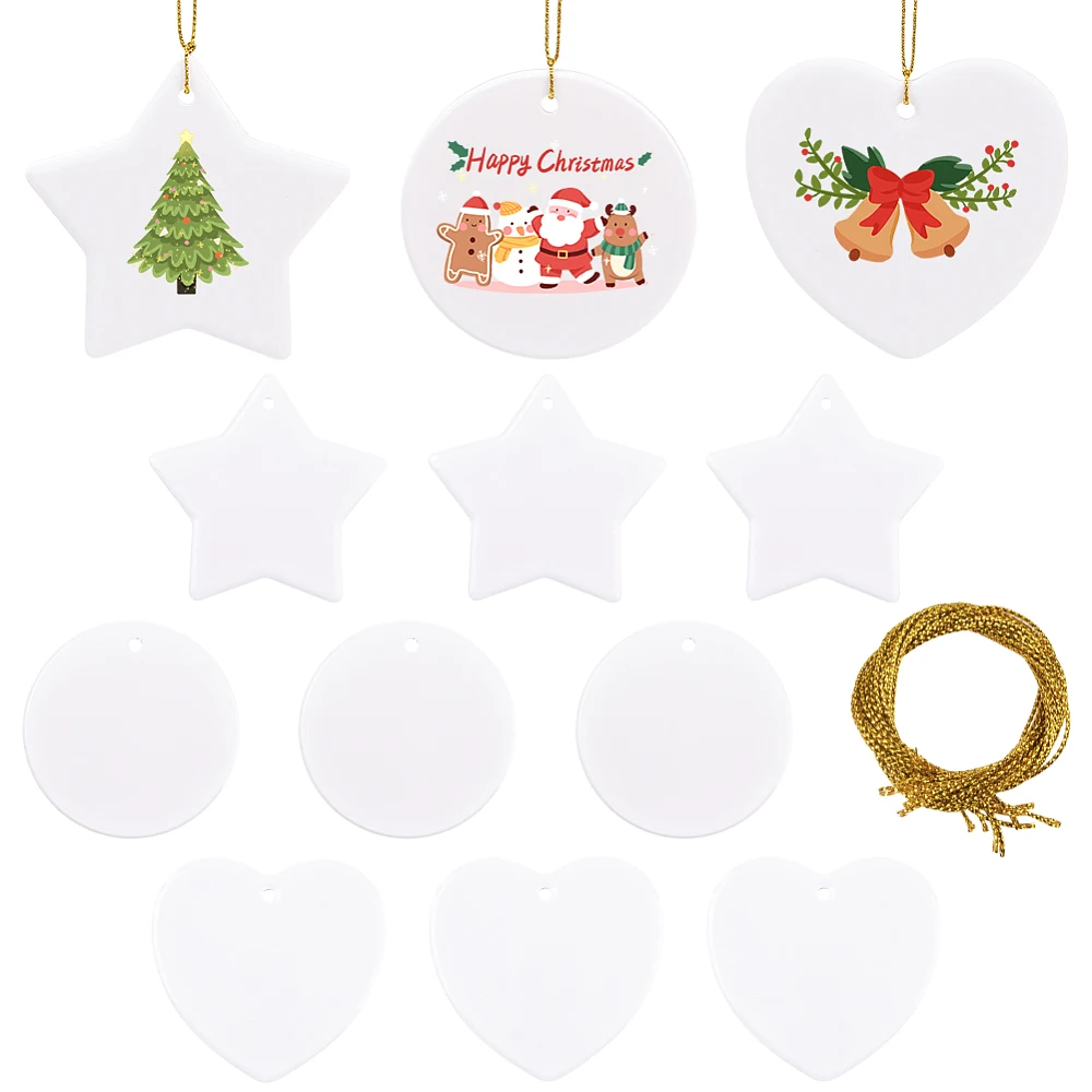 12Pcs 3 Styles Sublimation Ceramic Ornaments Bulk Ceramic Christmas Ornaments Blank with Gold String White Heart Star Heat Press