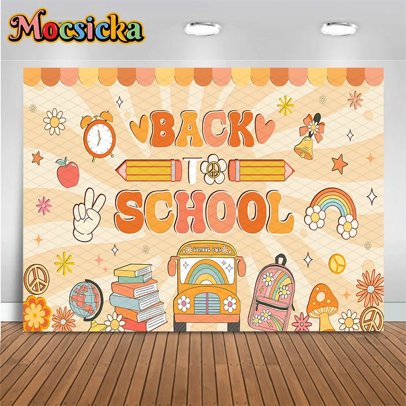 Mocsicka Groovy Back To School Photography Backdrop Boho Orange Daisy Bus Book Globe Pencil Rainbow Party Photo Background Cloth