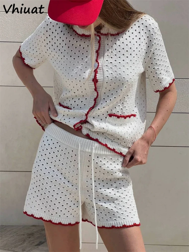 

Vhiuat Knitted 2 Piece Shorts Set Tracksuit Women Casual Short Sleeve Cardigan Tops+High Waist Shorts Suit Summer Outfit 2025