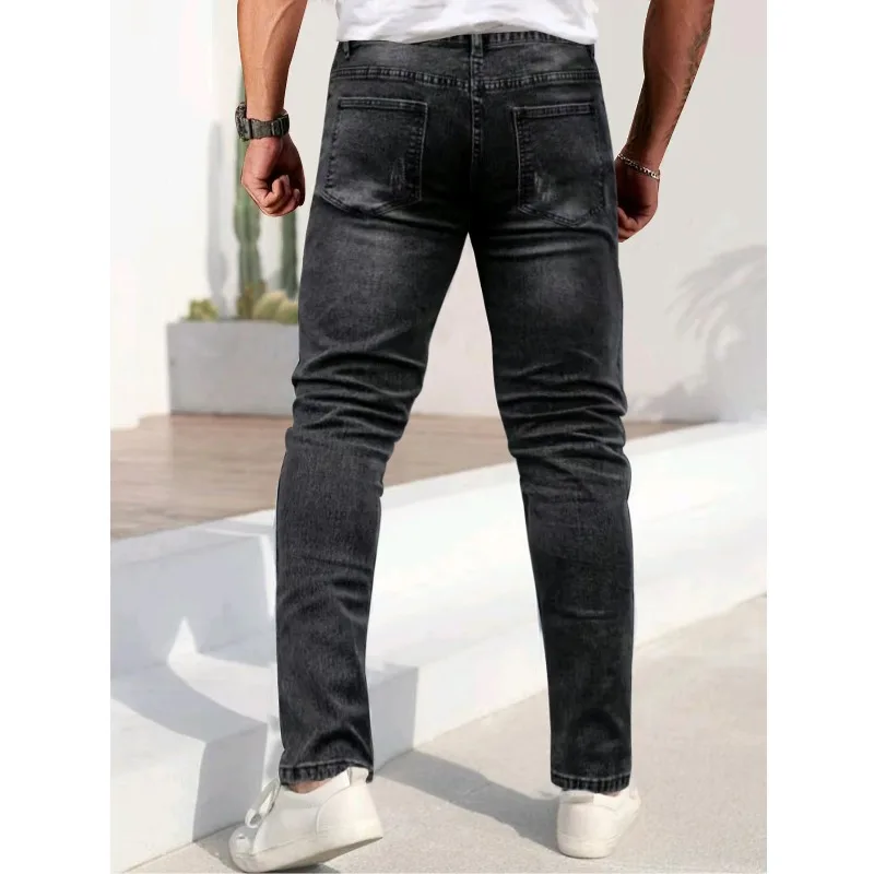 Skinny Slim Fit Men's Black Denim Jeans Distressed Scratched Casual Pants Spring Autumn Fashion Daily Streetwear Male Trousers