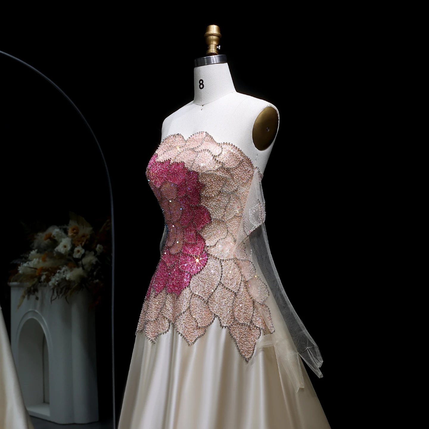 Sharon Said Luxury Strapless Dubai Evening Dress with Gloves Elegant Beige Satin Long Women Wedding Party Gowns SS513 Customized image 6
