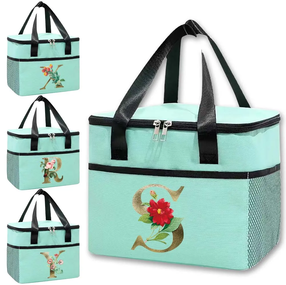 Thermal Insulated Bags Organizer Case New Lunch Bag Food Tote Outdoor Travel Camping Waterproof Box Golden Flower Letter Pattern