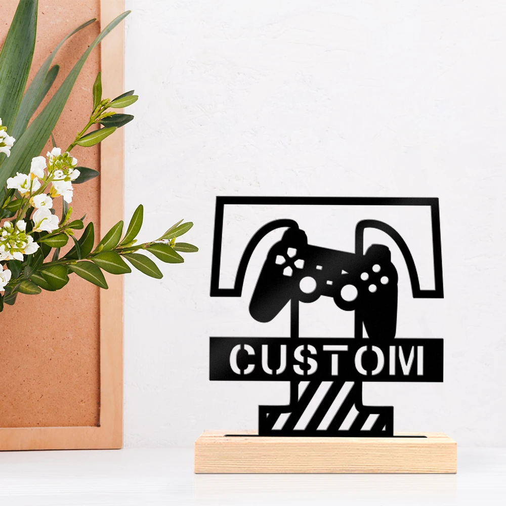 1pc Customized Minimalist Metal Ornaments Customizable Content With Wooden Base Desktop Decorations,Office Decorations