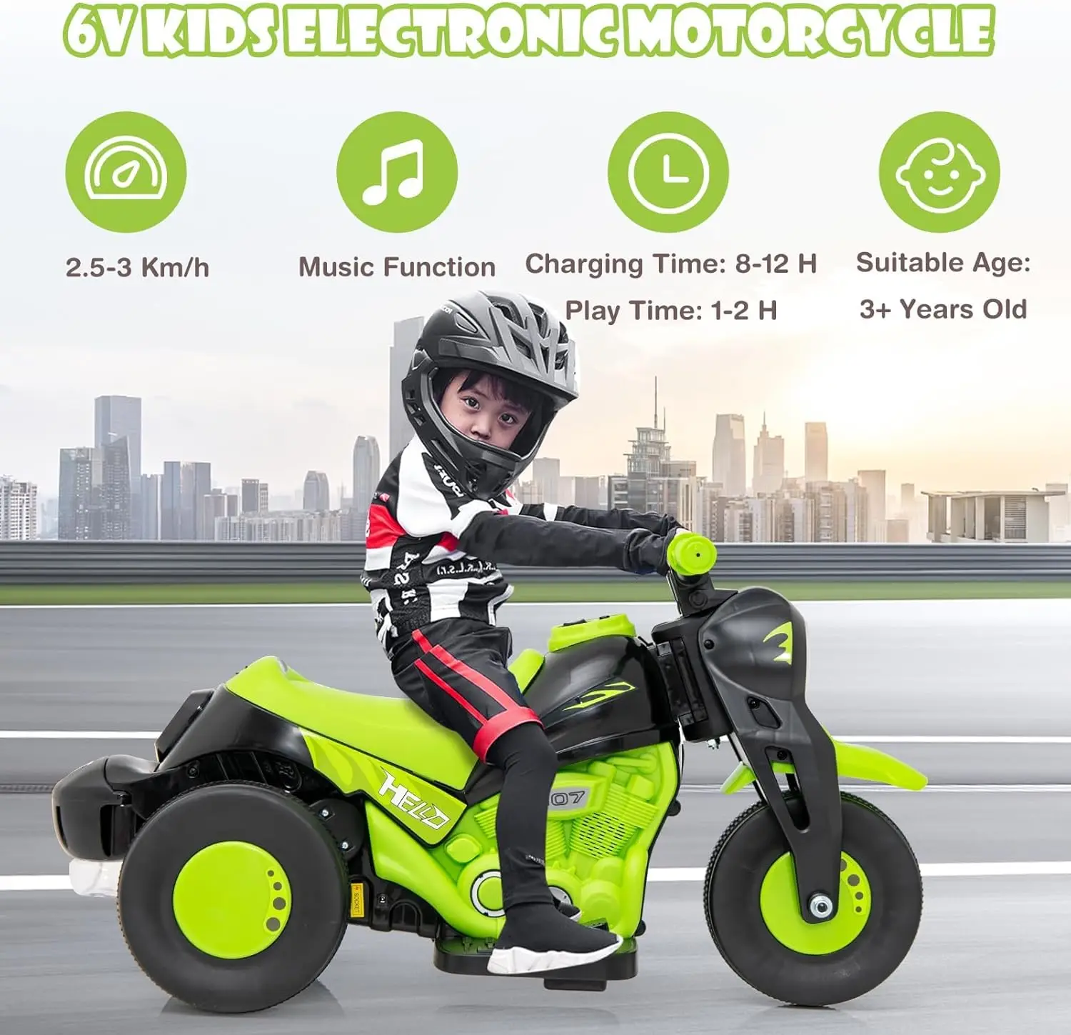 Kindermotorfiets, 6V elektrische rit op auto met automatische bellenfunctie, voetpedaal, koplamp, muziek, 3 anti-skip wielen voertuig