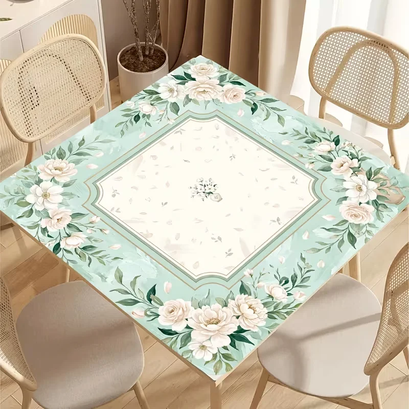VIKAMA Mint Green Peony Mahjong Table Mat Anti slip Noise Reduction Square Game Mat Used for Mahjong Game Home Decoration