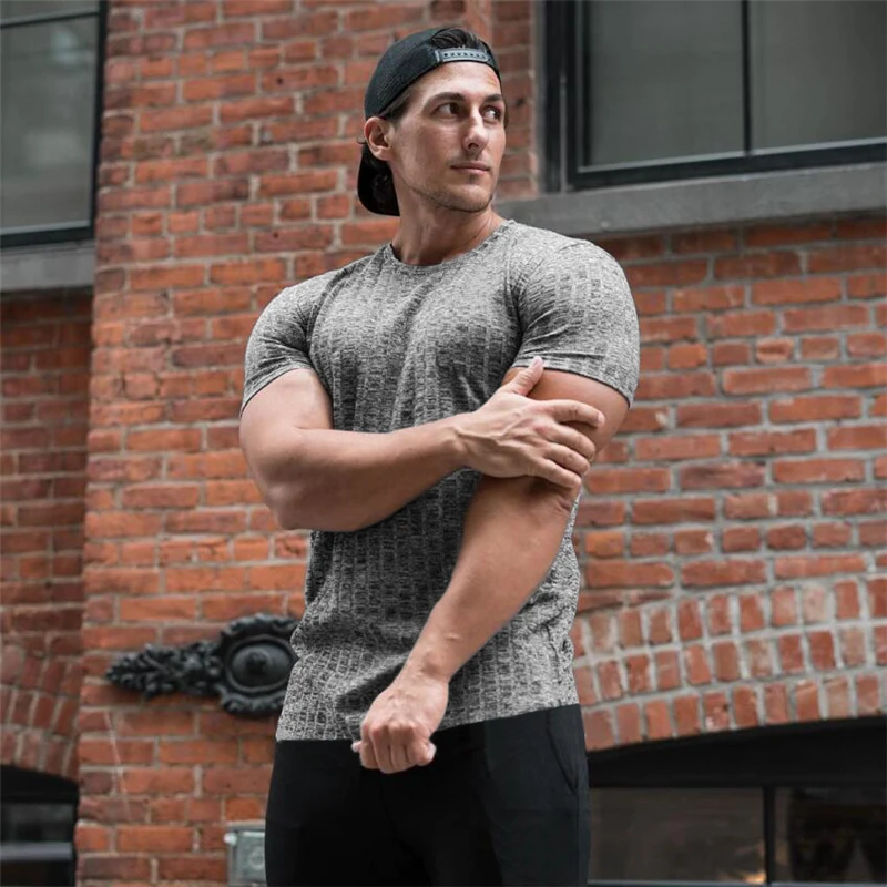 Mens Fitness Sports Short-Sleeved T-shirts Plain Gym Bodybuilding Tight Knitted Shirts Summer Absorb Sweat Quick Dry Clothing