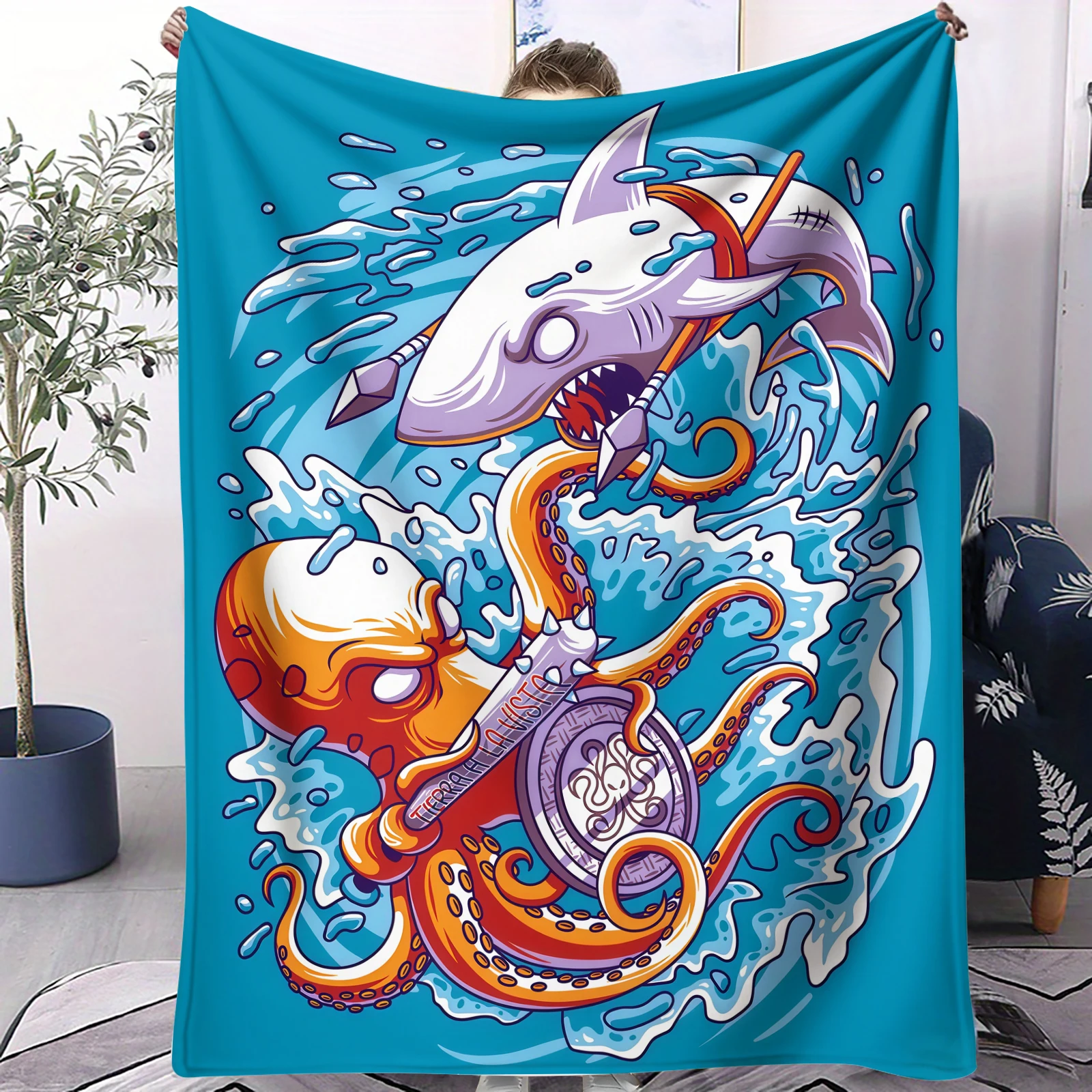 

Shark vs. Octopus Cozy Plush Throw Blanket For Office Travel Comfort Leisure Camp Travel Multifunctional Universal Blanket Gift