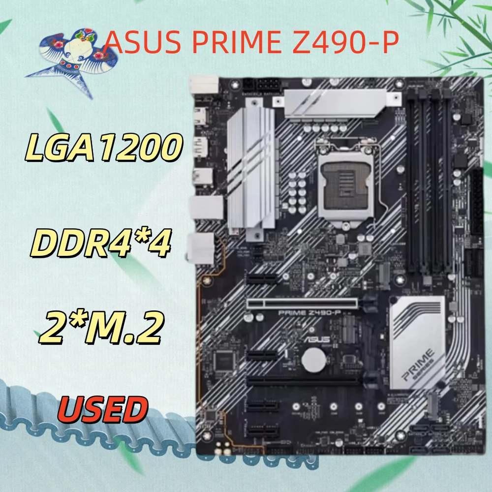 ASUS PRIME Z490-P motherboard. Disassembled parts. LGA1200 socket supports 10th, 11th, and 12th generation Intel CPUs. Four stic