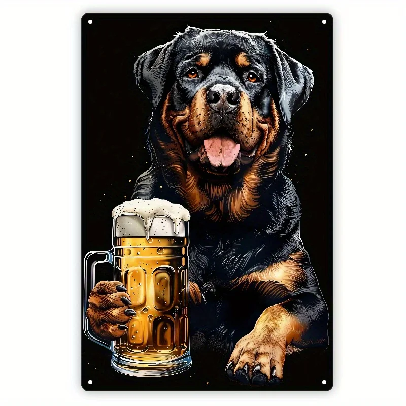 Rottweiler with Beer Metal Sign -   Tin Wall Art for Home, Kitchen, Bar, Garden, Garage & Office - Antique Finish, Rustic Charm