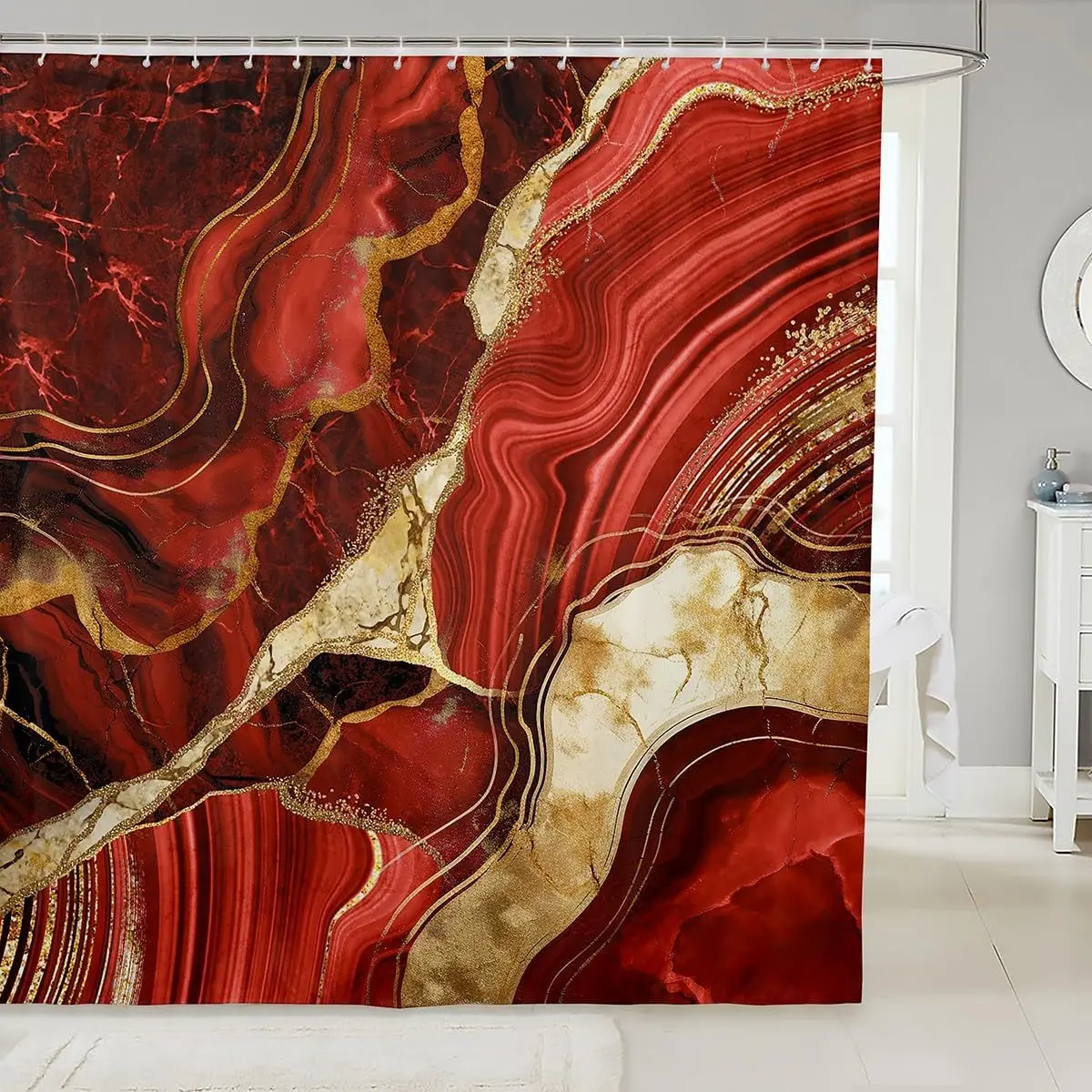 

Красно-золотая мраморная шторка для душа с принтом под мрамор, абстрактным металлическим узором, роскошным блеском, в стиле бохо-хиппи, с эффектом текучести, с крючками