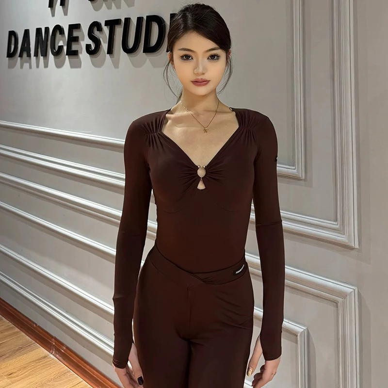 라틴 댄스 탑 여성 스퀘어 칼라 반팔 바디 슈트 댄스 트레이닝 탑 성인 슬리밍 댄스 연습 옷 VBH1428