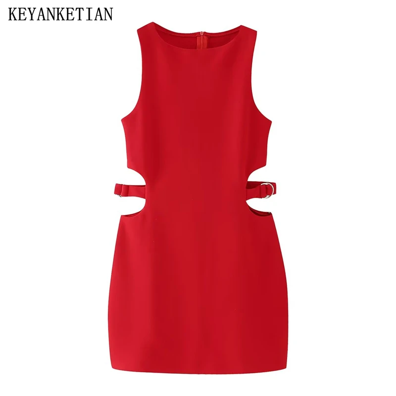 Keyanketian verão novo feminino halter-cintura oco para fora vestido moda sexy voltar zíper o pescoço magro sem mangas mini vestido vermelho fino