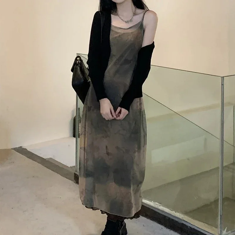 MEXZT Vintage Tie Dye Mesh Dress Women Y2K Print Tulle Spaghetti Strap A Line Midi Dresses Korean Gothic Slim Sundress Vestidos
