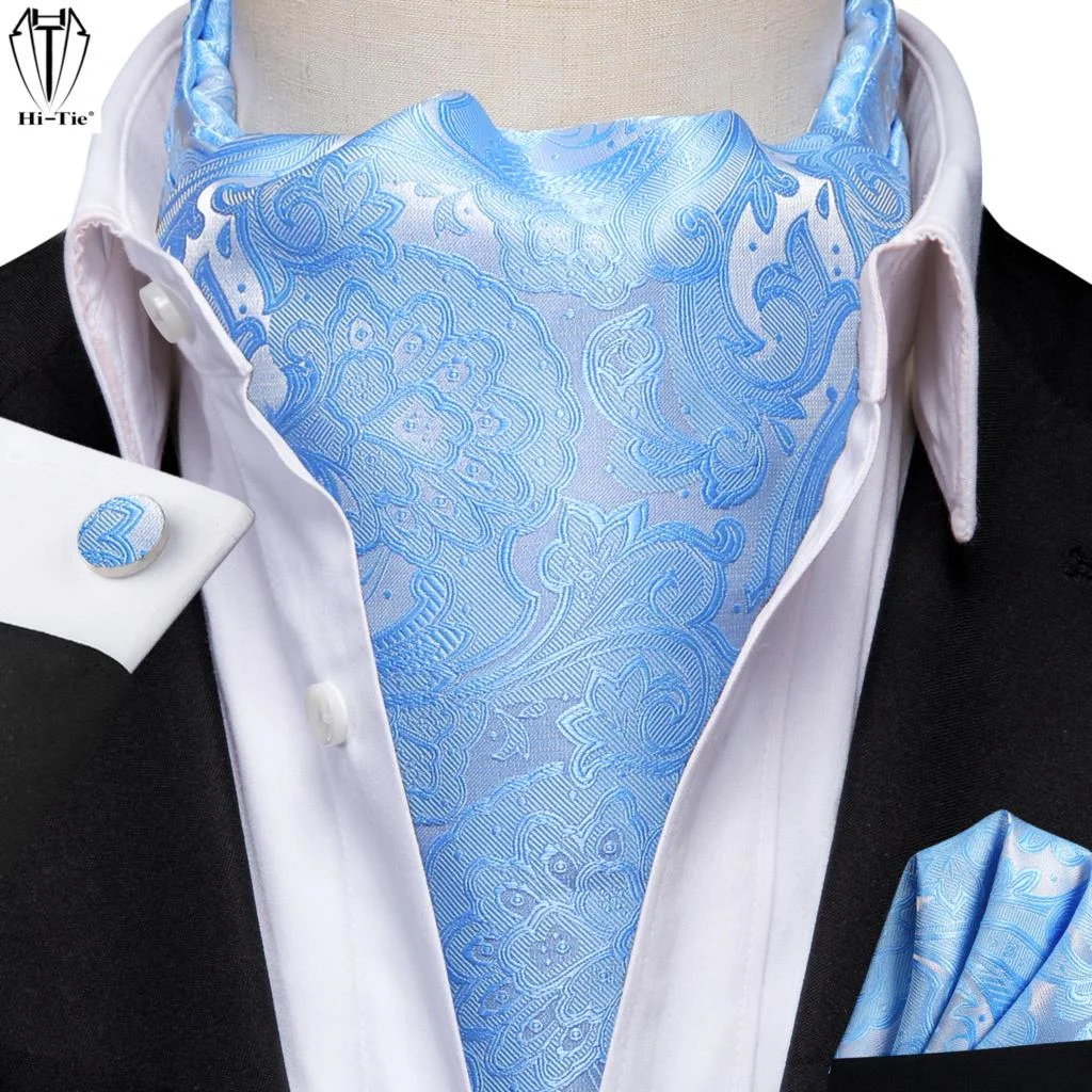 Hi-Tie Brand Jacquard Silk Mens Ascots Hankerchief Cufflinks Set Vintage Cravat Tie Scarf for Male 30 Colors Wedding Party Gift