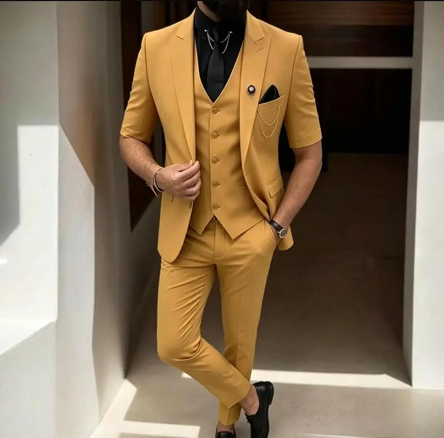 Classic 3 Piece Men Suits Peaked Lapel Short Sleeves Groom Tuxedo Terno Masculino Formal Wedding Prom Suits Blazer Costume Homme
