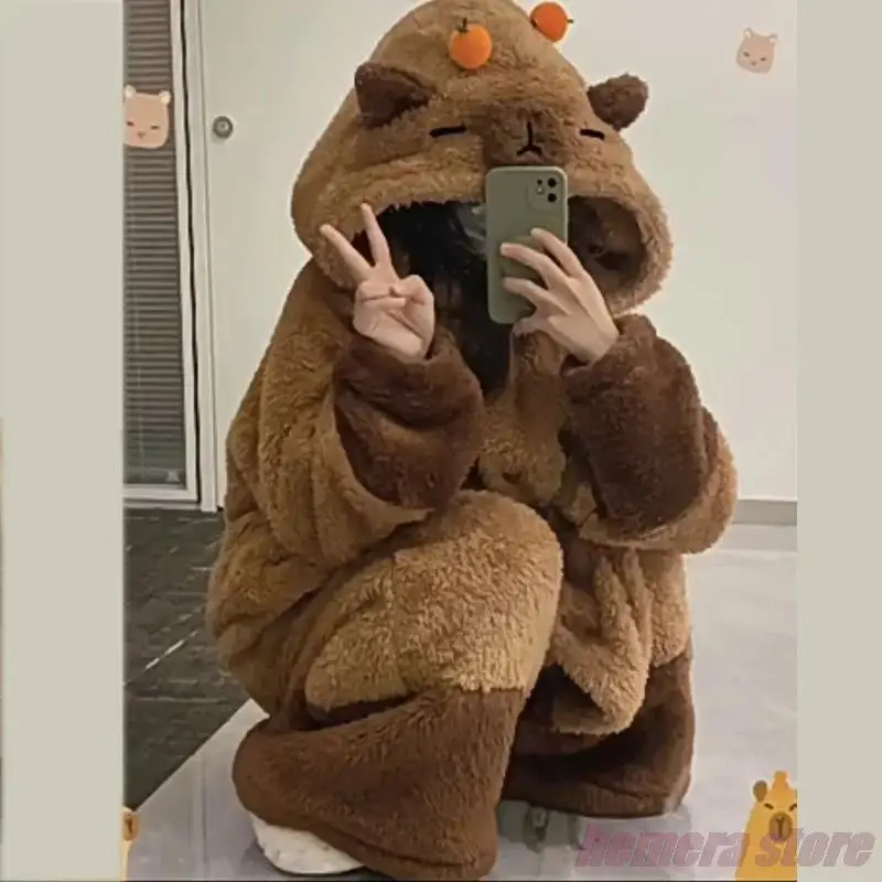 Capybara Pajamas Soft Cute Animals Shape Blanket Unisex For Adult Coral Velvet Warm Capybara Cosplay Loose Onesie Pajamas Pants