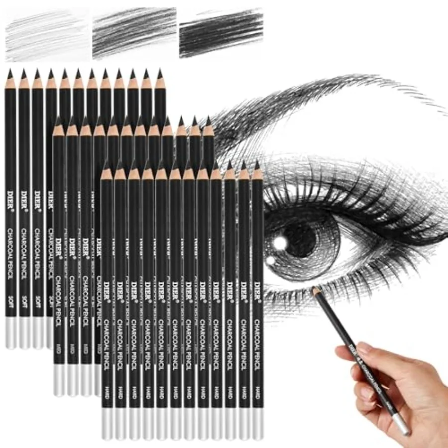 36 Pcs Professional Charcoal Pencils Bulk Classroom Set Soft, Medium and Hard for Drawing Charcoal Pencils for Sketching Shadin