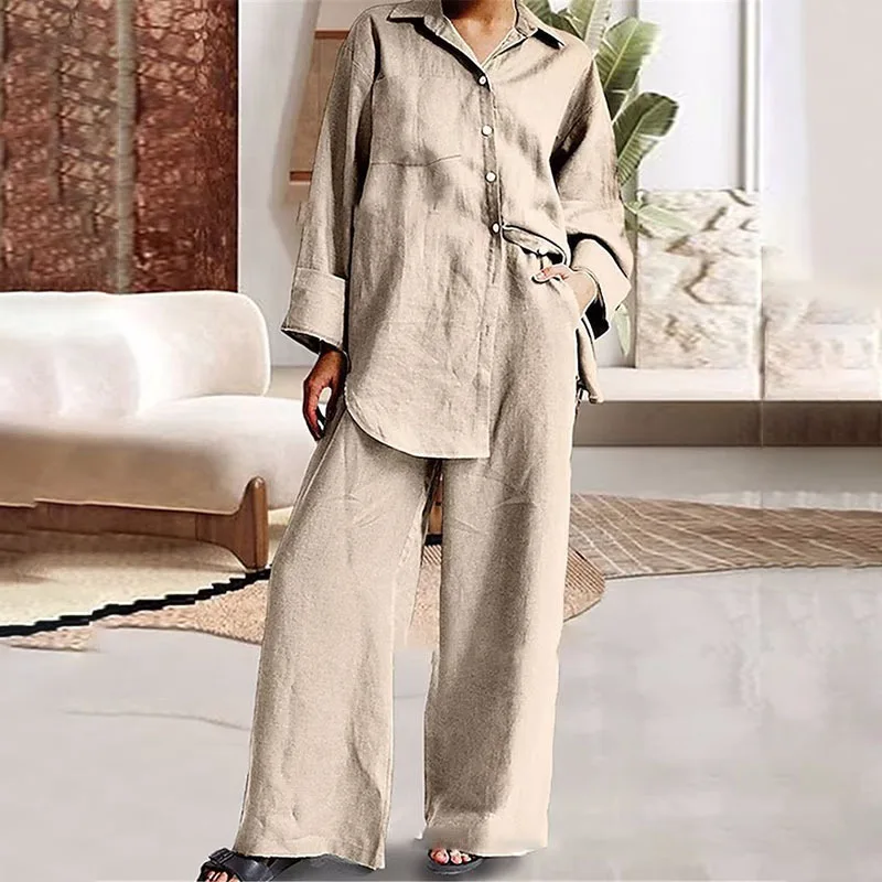 2024 New In Women Pants 2 Piece Sets Women Outfit Spring Autumn Lady Casual Linen Solid Color Loose Tops And Wide Legs Pant Suit