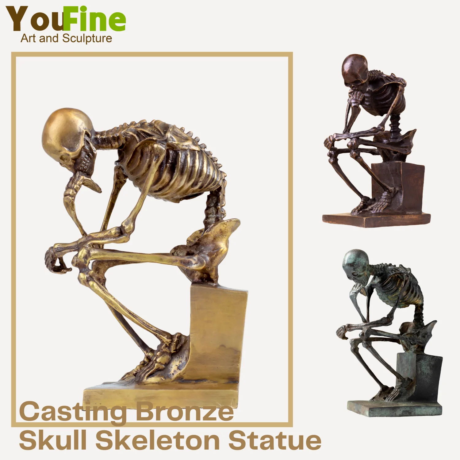 23cm Bronze Skeleton Sculpture Abstract Bronze The Thinker Statue Skull Thinker Statues Antique Art Crafts For Home Office Decor