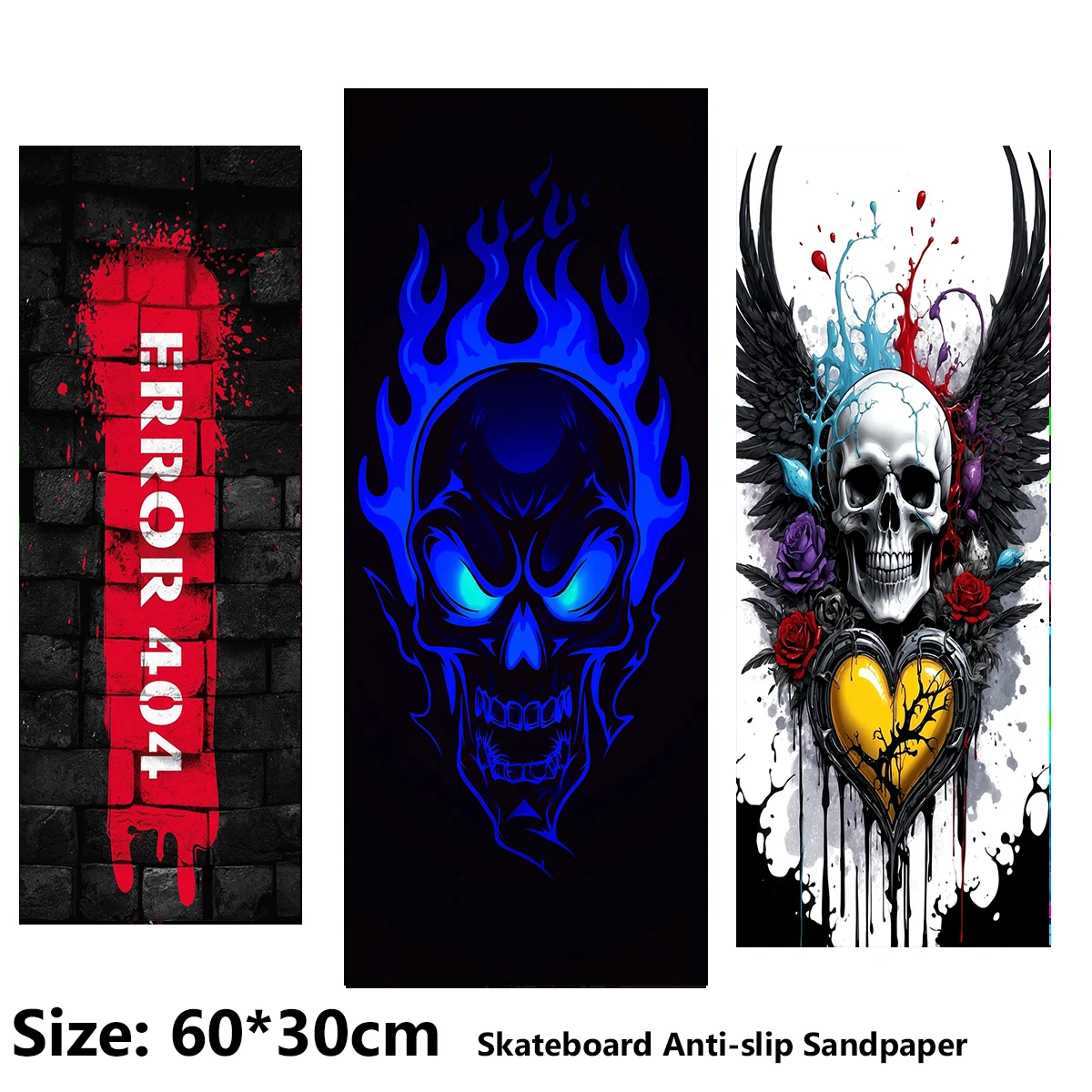 

404 Blue Skeleton with Heart Pattern Electric Scooter Anti-slip Sticker Sandpaper Skateboard Grip Tape Sheet 60*30cm