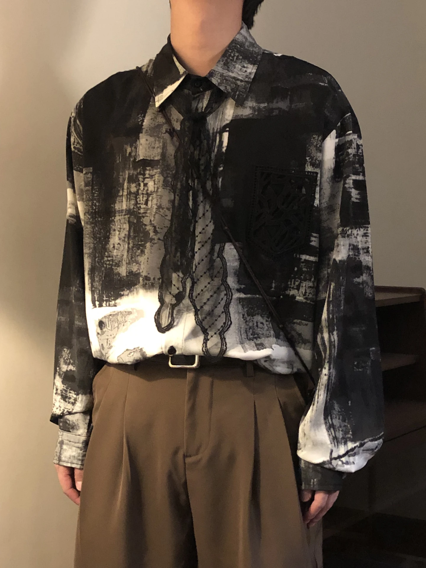 2025 Spring and Autumn New American Retro Style Men's Loose Casual Ink Painting Gradient Long Sleeve Shirt Top