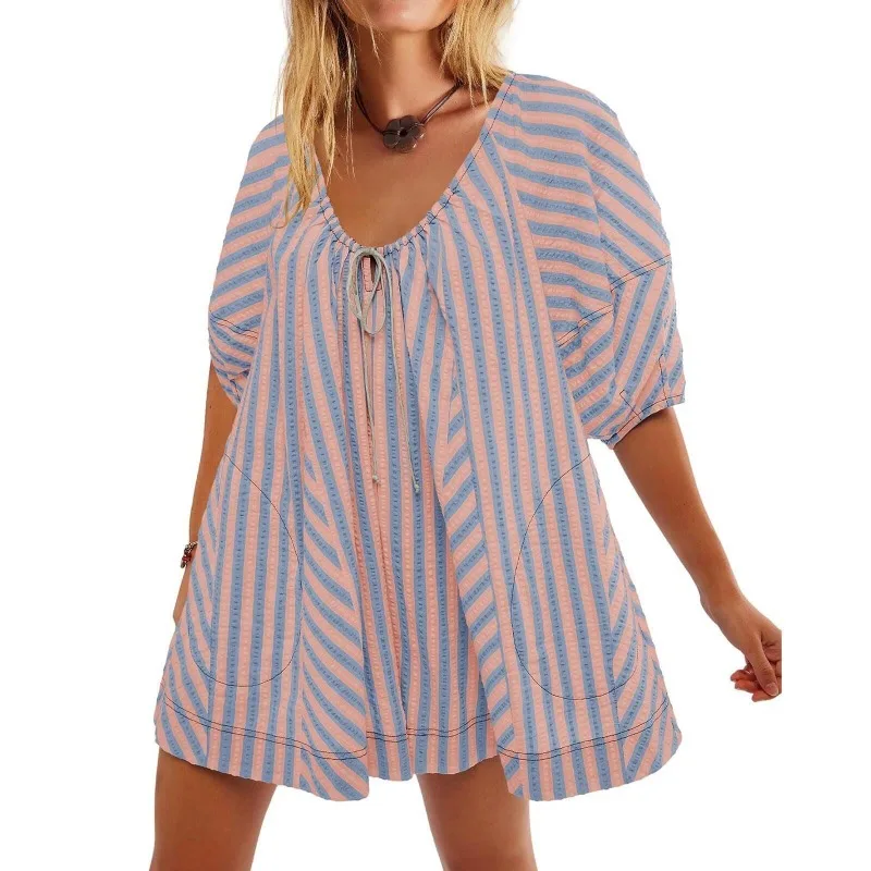 

Summer New Streetwear Fashion Short Sleeves Jumpsuits For Women Casual Loose Deep V Neck Wide-leg Striped Printed Shorts Rompers