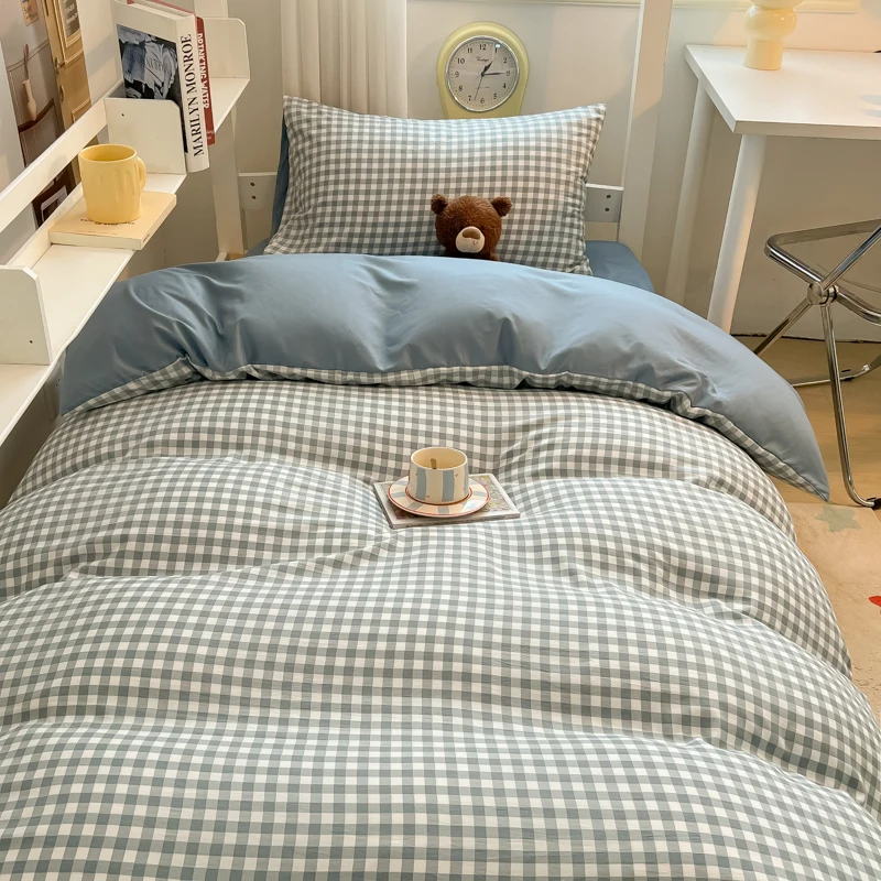 

Wash Cotton Bedding Set Duvet Cover Pillowcase Bed Sheet Set Comforter Cover Bed Linens Set Queen King Size Nordic Plaid Pattern