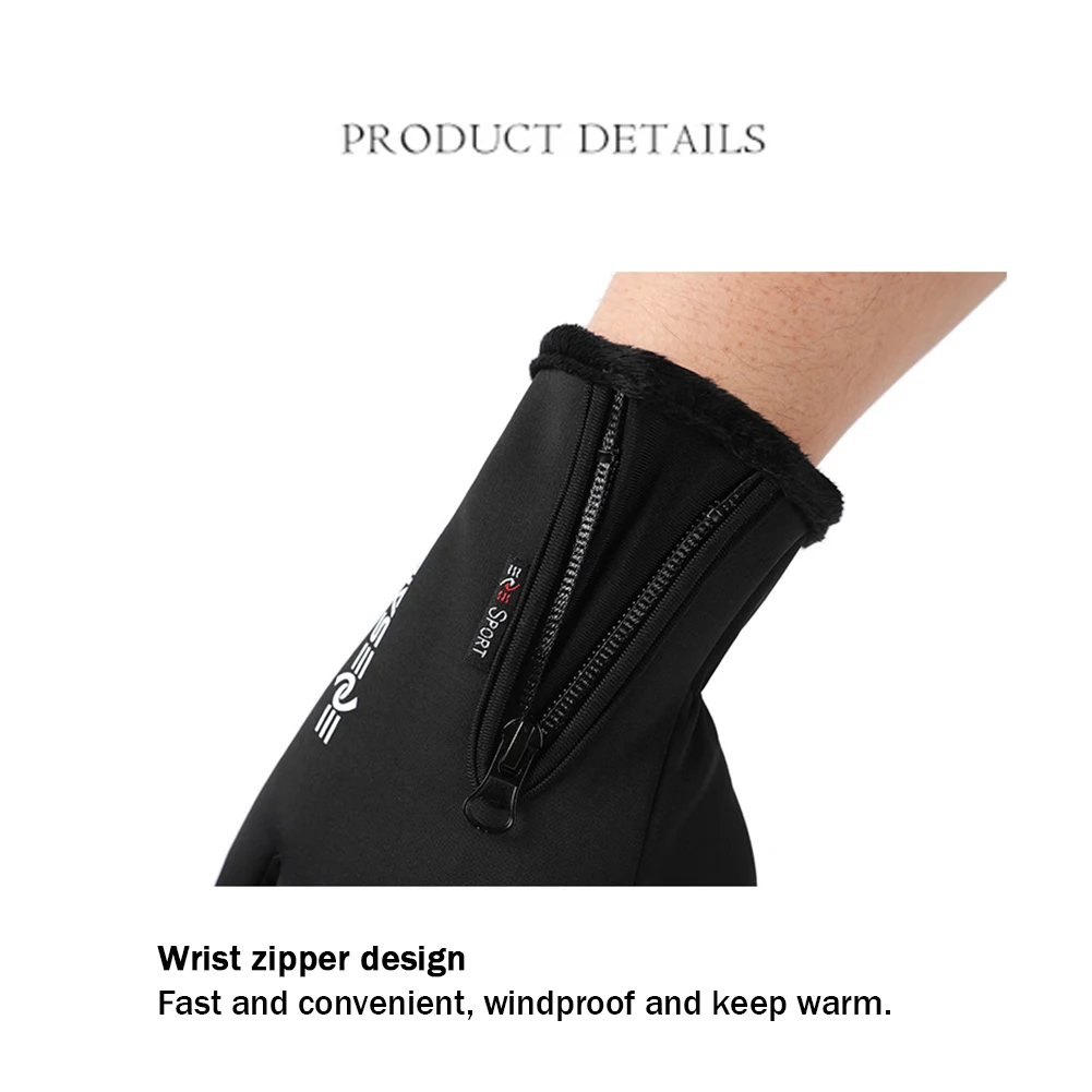 قفازات رجالية تعمل باللمس بسحاب ، مقاومة للرياح ، مقاومة للماء ، مبطنة بالصوف ، دافئة ، خارجية ، ركوب ، المشي لمسافات طويلة ، الشتاء