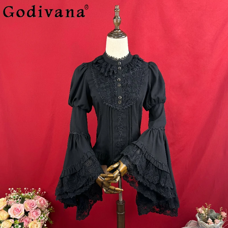 Lolita อารมณ์ Big Flare Sleeve Elegant Stand-up COLLAR เสื้อ 2025 สาวใหม่ Ruffles ลูกไม้หวาน SLIM FIT ลดอายุ TOP