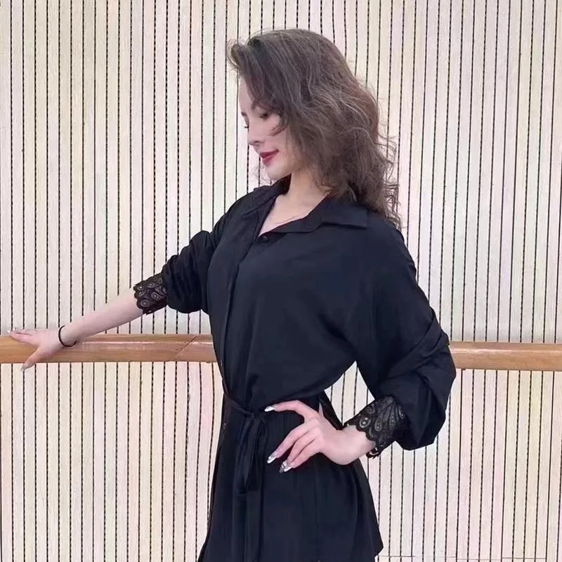 Customized Latin Dance Dress Long Sleeve Lace Splicing Shirt Dresses for Women Waist Collar Loose Edition Teaching Female