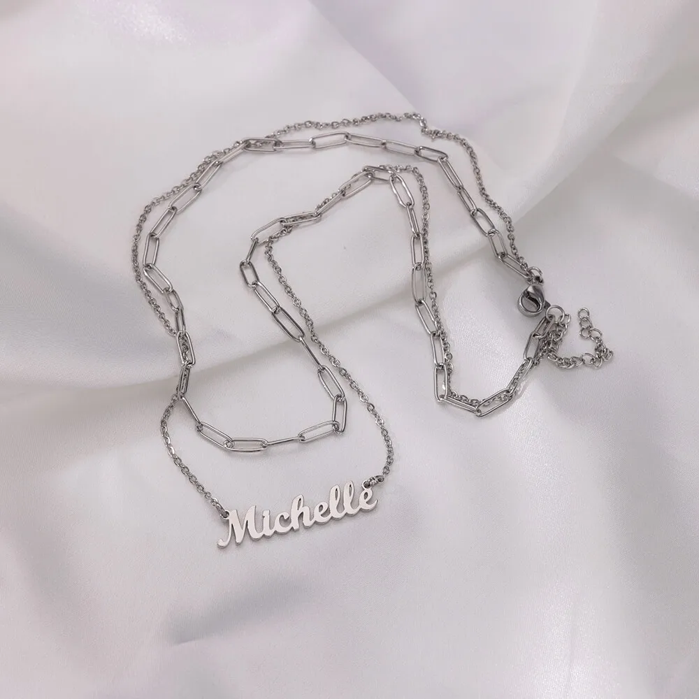 Collar de doble capa con nombre personalizado para mujer y niña, cadena con placa de identificación de acero inoxidable, colgante, mejores amigos, regalos de joyería