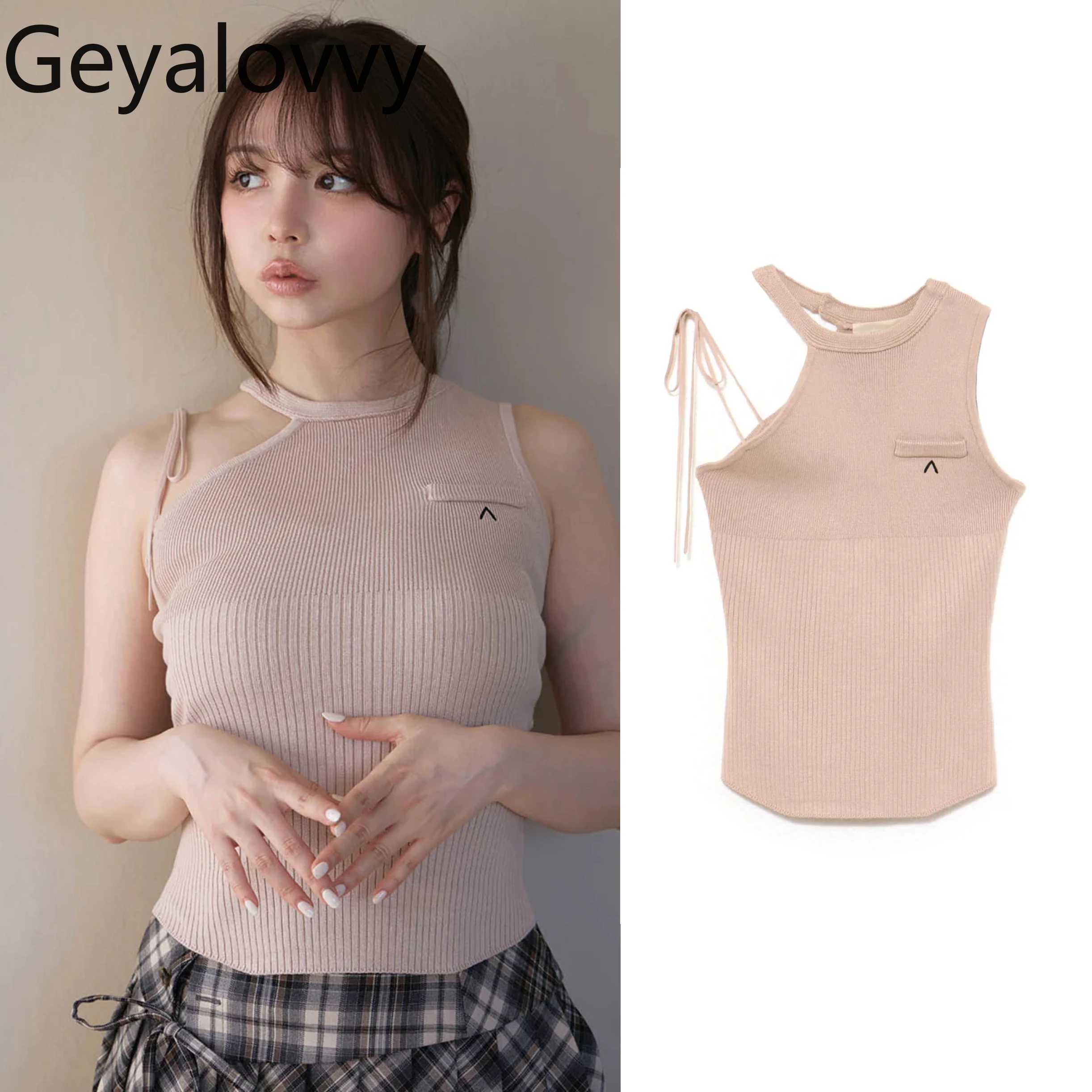 

2025 New Summer Japanese Niche Design Slim and Thin Neck Spill Knitted Sling Vest Tops Women Sexy Sleeveless Vest Crop Top
