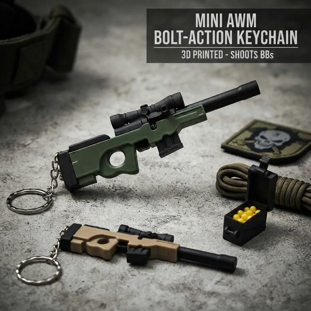 3D Printed Miniature AWM Soft Bullet Toy Gun Keychain - Portable Outdoor Fidget EDC Blaster Toy Fun Stress Relief Keyring