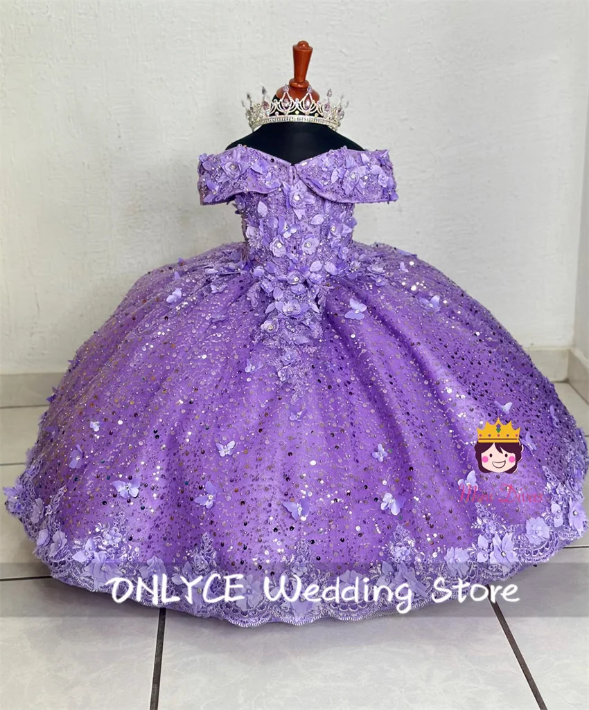 

Sparkly Purple Sequins Flower Girl Dresses Butterfly Appliques Beads Diamonds Dress For Wedding Birthday Gown Customized