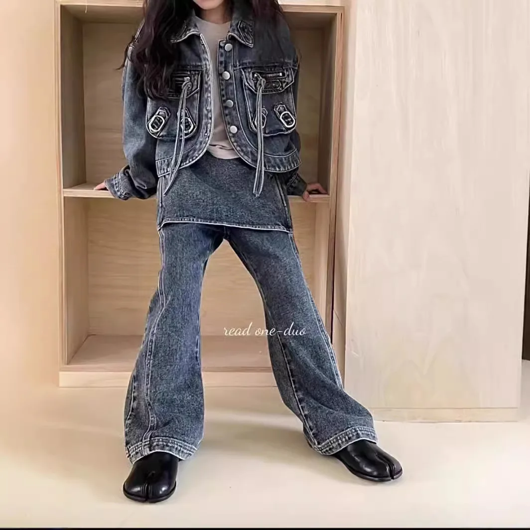 Girls' denim suit autumn 2024 new mid size children's short jacket personalized niche jeans two-piece set