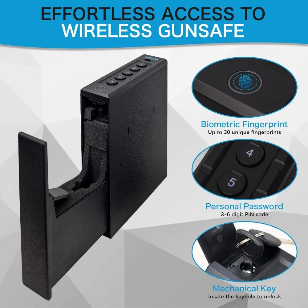 Slider Biometric Pistol Safe 3 Ways Quick Access with Fingerprint/Keypad/Key Lock for Nightstand Bed Desk