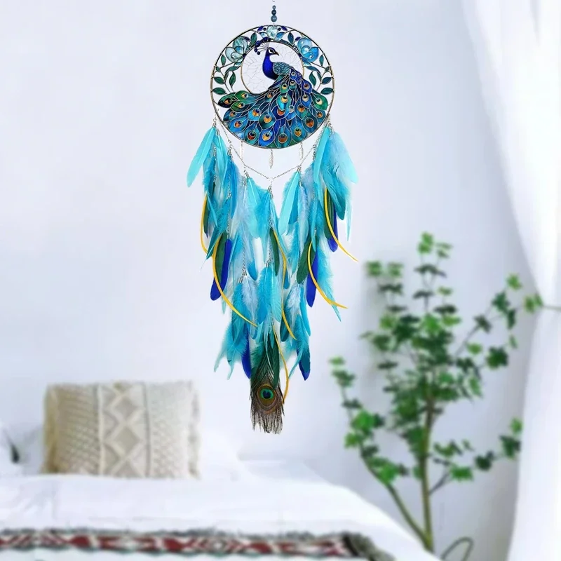 Creative Blue Feathers Dream Catcher  3D Printed Acrylic Wind Chimes Bedroom Decorations Handmade Ornaments  For Holiday Gifts