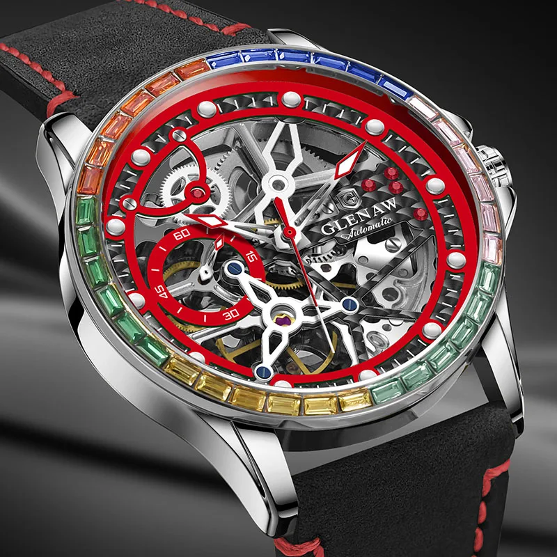 GLENAW Men Mechanical Watches Casual Outdoor Wristwatch Men Top Luxury Automatic Hollowed Watch Male Stainless Steel Waterproof