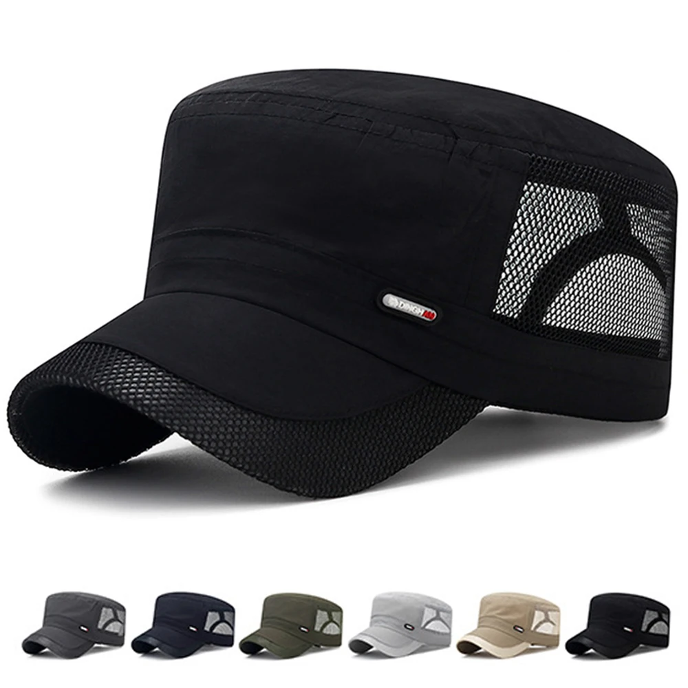 

2023 Autumn Quick Dry Mesh Military Hat Adjustable Snapback Sun Hat Cadet Style Breathable Flat Top Caps Outdoor Summer Sun Cap