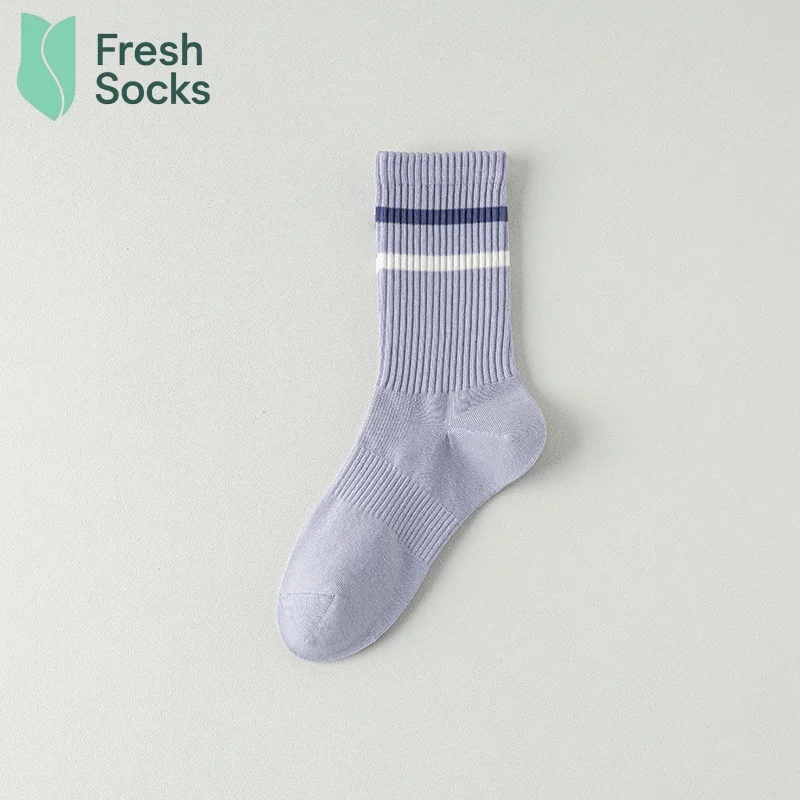 5Pair Woman Crew Toe Winter Socks Mid Tube Striped Comfortable Cotton Stockings Autumn Sweat Absorbing High-Quality Socks Sports