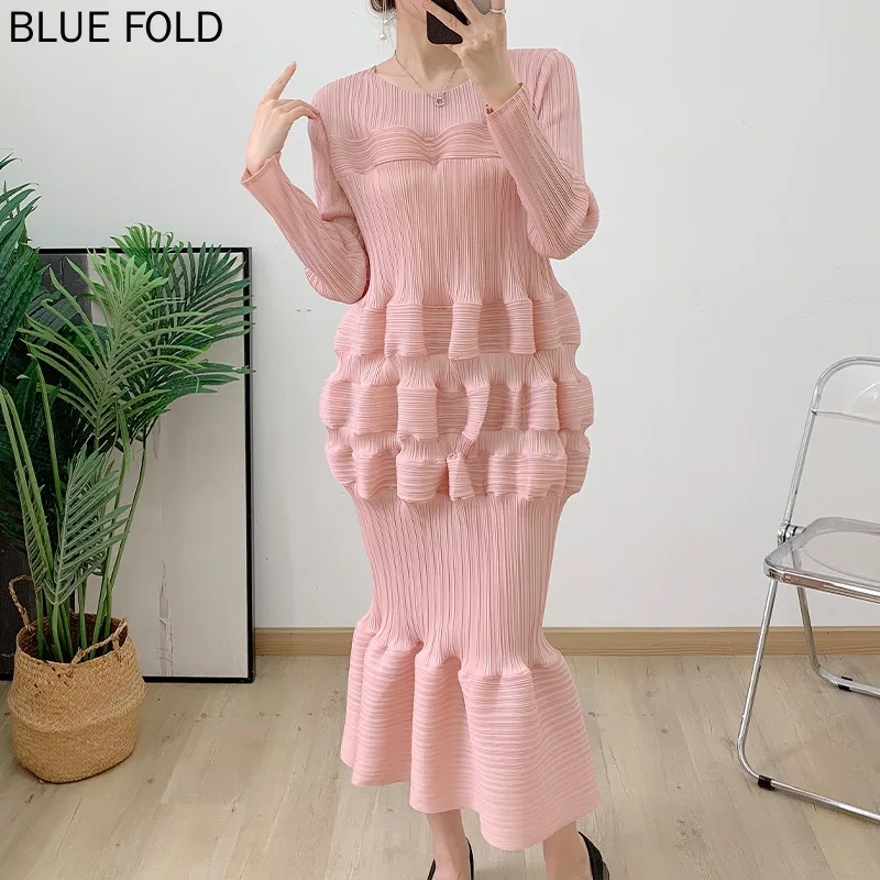 

MIYAKE Pleated Dress Women Summer Pear Shaped Figure Slim Figure Lantern Wrapped Buttocks Pleats Dresshigh Quality Birthday Robe