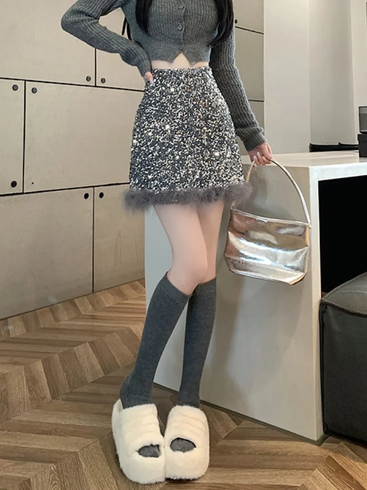Modna spódnica z wysokim stanem, cekinowa, damska, nowa kolekcja jesień-zima 2025, spódnica w kształcie litery A, srebrna spódnica do połowy łydki.