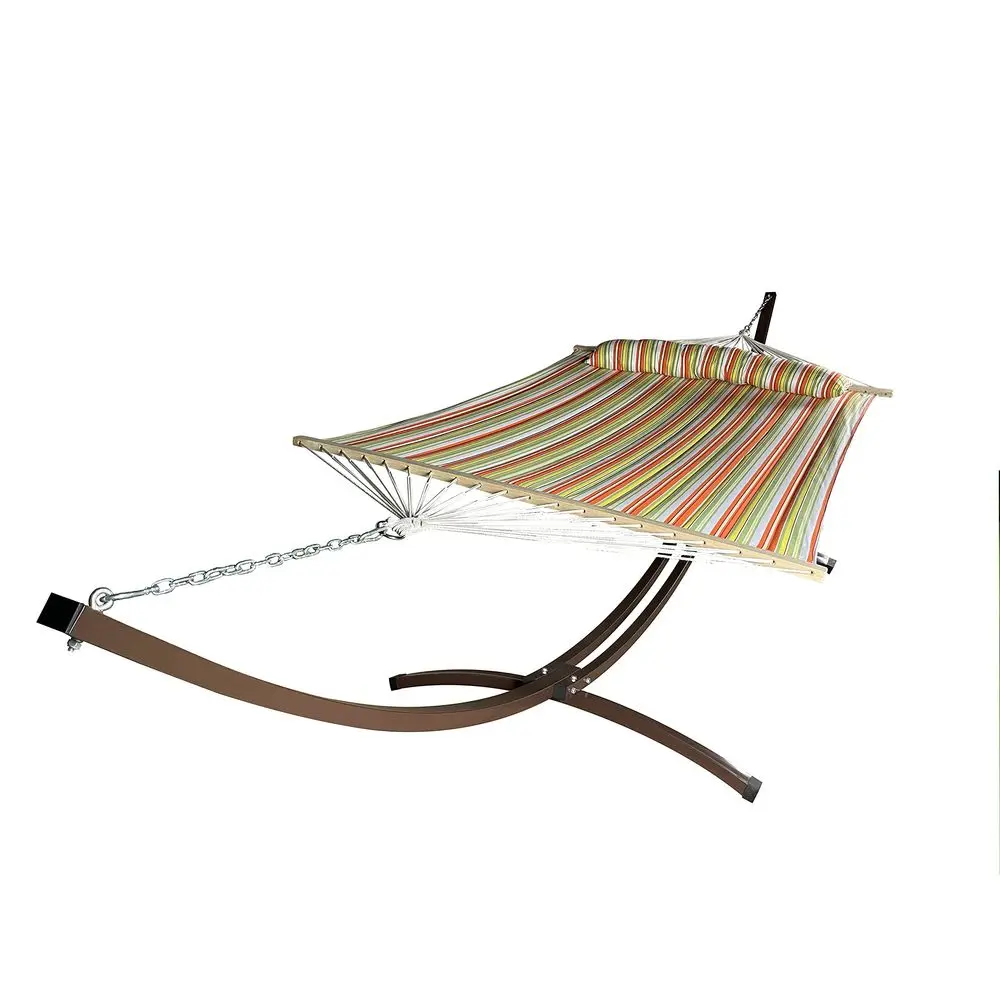 

Ft. Indoor Outdoor Heavy Duty Brown Steel Arc Hammock Stand w Premium Quilted Hammock Bed. Spring Stripe