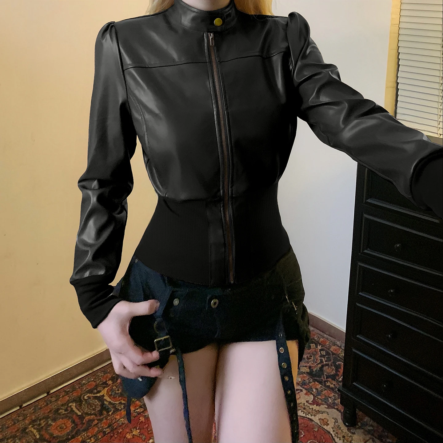 Women's Stand Collar Zip Up Faux Leather Jacket Elastic Waist Slim Cropped Moto Outerwear Gothic Dark Autumn Coat Streetwear New