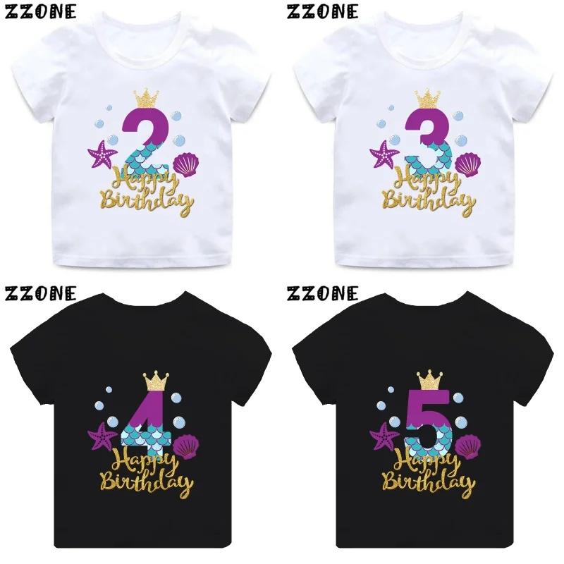 Cute Mermaid Princess Print Girls Clothes 1 2 3 4 5 6 7 8 9 Years Happy Birthday Kids Short Sleeve T shirt Baby Boys T-Shirts