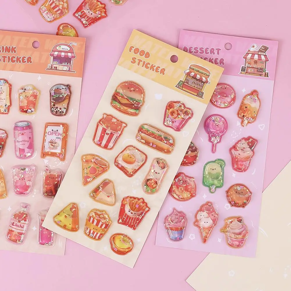 Niedliche Sortierte Aufkleber 3D Geprägte Kristall-Kinderaufkleber, Cartoon Mini Hamburger Eiscreme Milchtee 3D Journal-Sticker