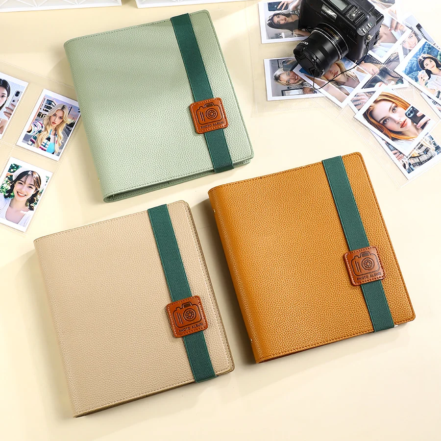 PU Leather Loose Leaf Photo Album with Elastic Strap Clear PP Pocket for 3 5 6 Inch Photos Memory Collection Album Organizer