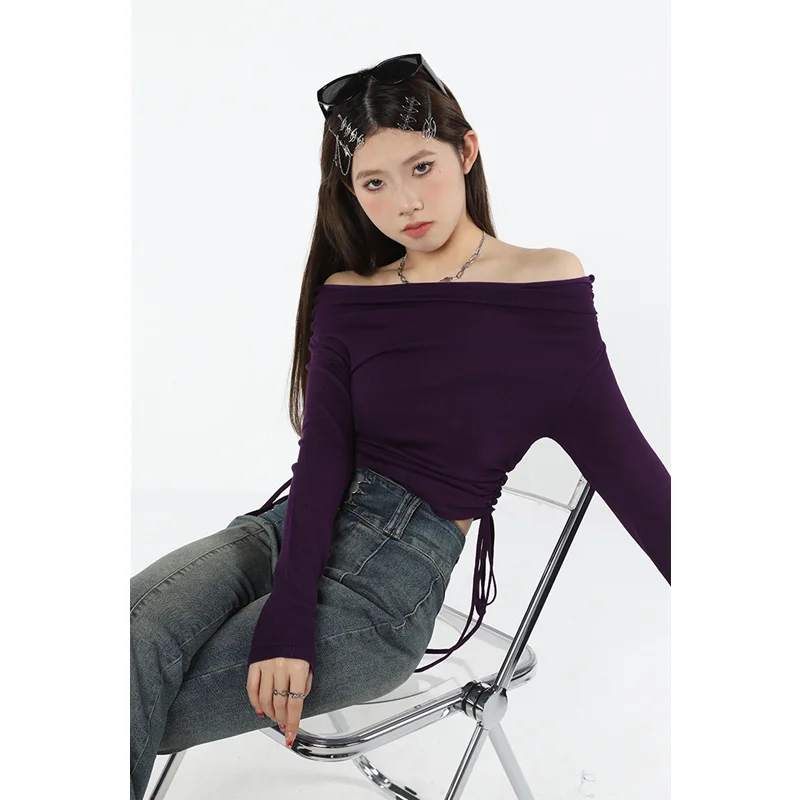 Women Purple Drawstring Knitting Shirt Short Straight Collar Vintage American Fashion Female Long Sleeves Casual Spring Pullover