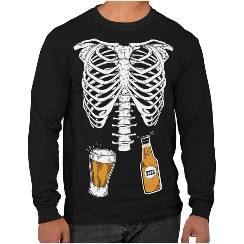 Men\'s Skull Beer Belly Shirt Funny Halloween Men\'s Long Sleeve Hoodie