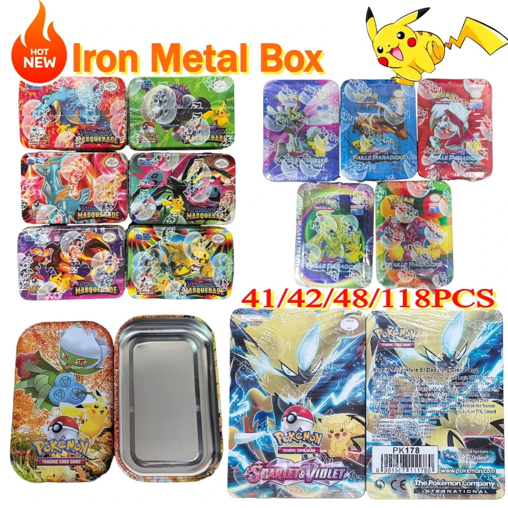 

41/42/48/118PCS Boxed Iron Metal Box Pokemon Battle Toy Lost Origin Pokemons Box with Pikachu Game Anime Bank Cards for Children